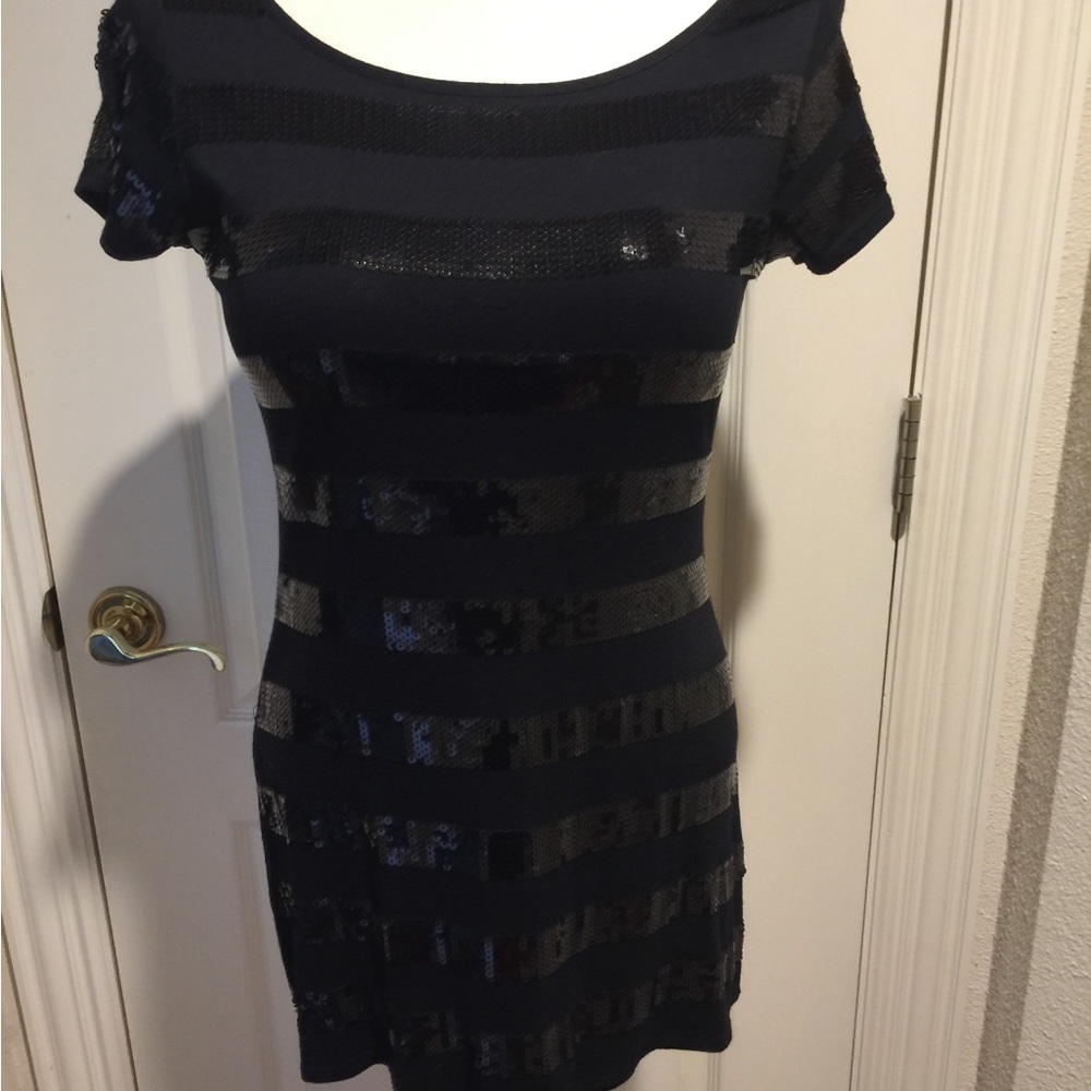Long Black Tunic Sequin Top Shirt / Mini Dress Glam  L